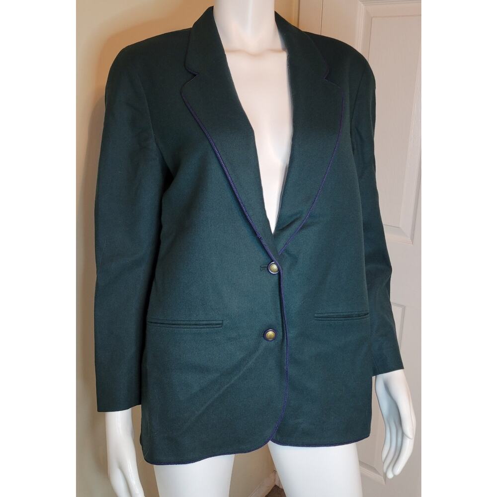VTG Pendleton 100% Virgin Wool Petite Jacket Blazer Green w/ Navy Piping Sze 10P